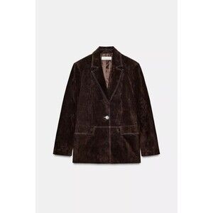 Zara NWT Brown 100% Suede Leather Straight Blazer Contrast Stitch Small RARE